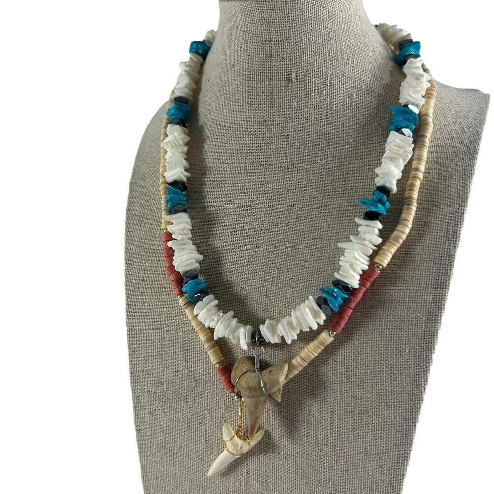 Lot 2 Shark Tooth Necklaces Mixed Materials Shell Beads Silver Tone Beach